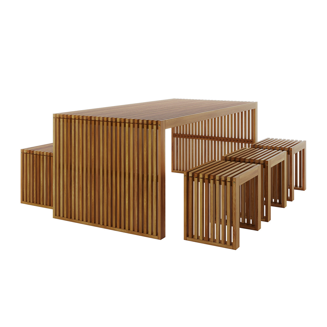 Grenfela 5 Seater Solid Timber Outdoor Dining Set Natural, featuring a robust acacia wood table with a matching bench and stools, showcasing intricate wood grain patterns, ideal for outdoor gatherings.