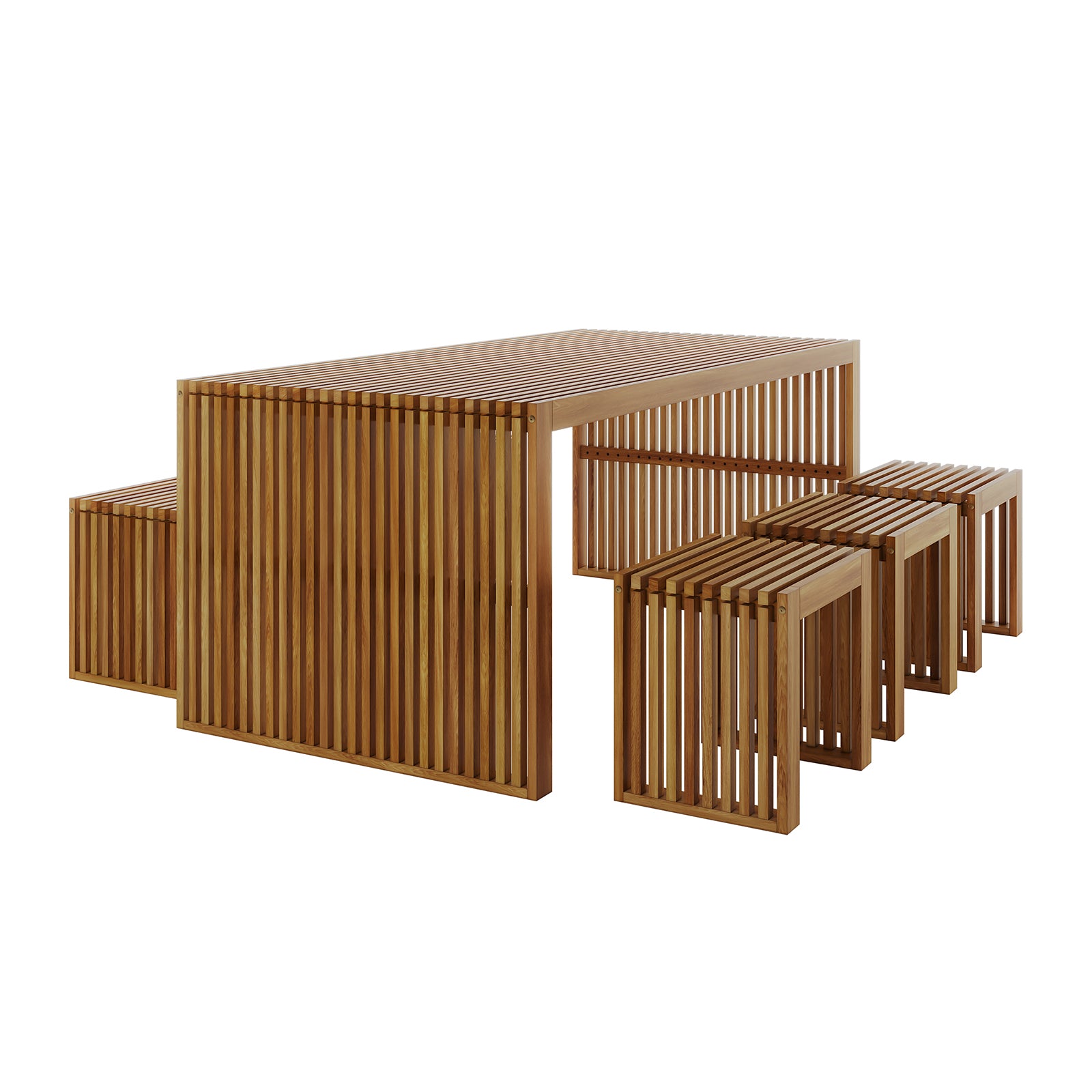 Grenfela 5 Seater Solid Timber Outdoor Dining Set Natural, featuring a robust acacia wood table with a matching bench and stools, showcasing intricate wood grain patterns, ideal for outdoor gatherings.