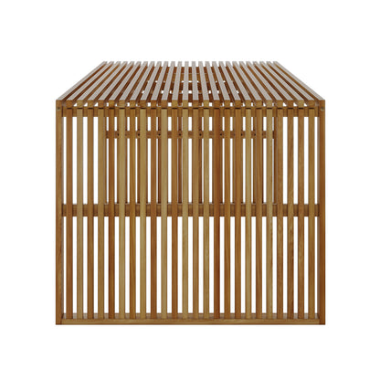 Grenfela 5 Seater Solid Timber Outdoor Dining Set showcasing close-up details of the solid acacia wood's unique grain patterns and robust construction, emphasizing its durability and natural beauty.