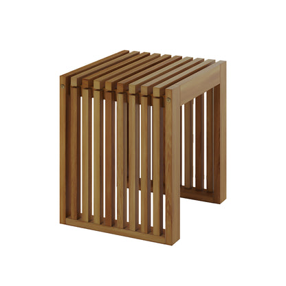 Grenfela 5 Seater Solid Timber Outdoor Dining Set Natural, featuring a robust acacia wood table, slatted wooden stools, and a sturdy bench, perfect for enhancing any outdoor dining experience with style and durability.