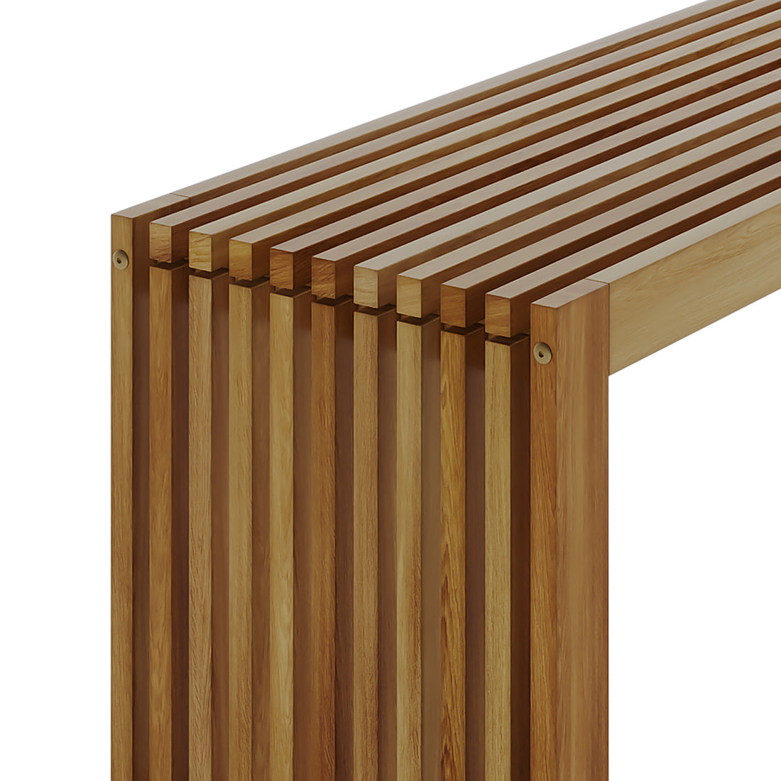 Close-up of the Grenfela 5 Seater Solid Timber Outdoor Dining Set featuring solid acacia wood slats on the bench, highlighting the natural grain and robust design suitable for outdoor use.