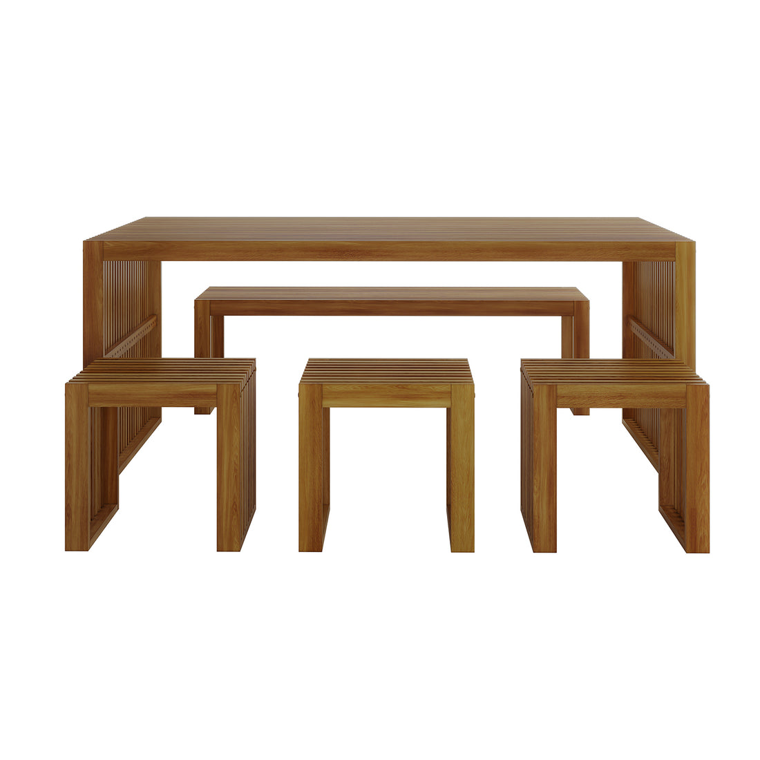 Grenfela 5 Seater Solid Timber Outdoor Dining Set Natural, featuring a spacious solid acacia wood table with matching benches and stools, designed for versatile outdoor and indoor use.