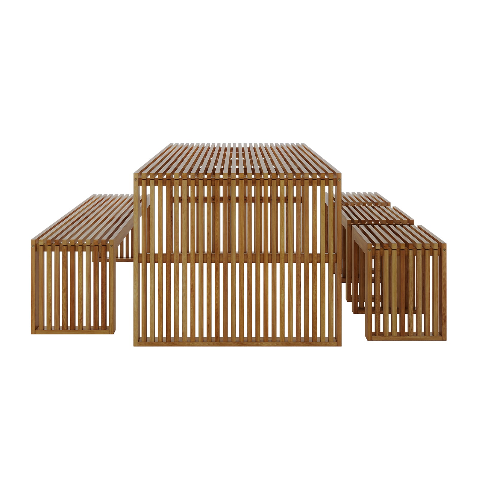 Grenfela 5 Seater Solid Timber Outdoor Dining Set Natural; close-up shows sturdy acacia wood with distinct grain, featuring a spacious table, benches, and stools, perfect for versatile indoor-outdoor use.