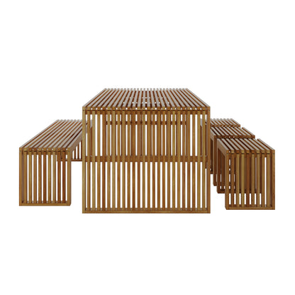 Grenfela 5 Seater Solid Timber Outdoor Dining Set Natural; close-up shows sturdy acacia wood with distinct grain, featuring a spacious table, benches, and stools, perfect for versatile indoor-outdoor use.