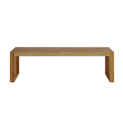 Grenfela 5 Seater Solid Timber Outdoor Dining Set showcasing a solid acacia wood table with unique grain patterns, accompanied by a matching wooden bench and stools, designed for outdoor gatherings.