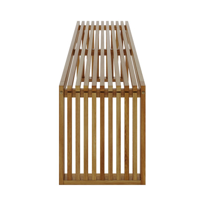 Grenfela 5 Seater Solid Timber Outdoor Dining Set Natural, featuring a wooden slat design with a robust acacia wood table, bench, and stools, perfect for versatile outdoor or indoor use.