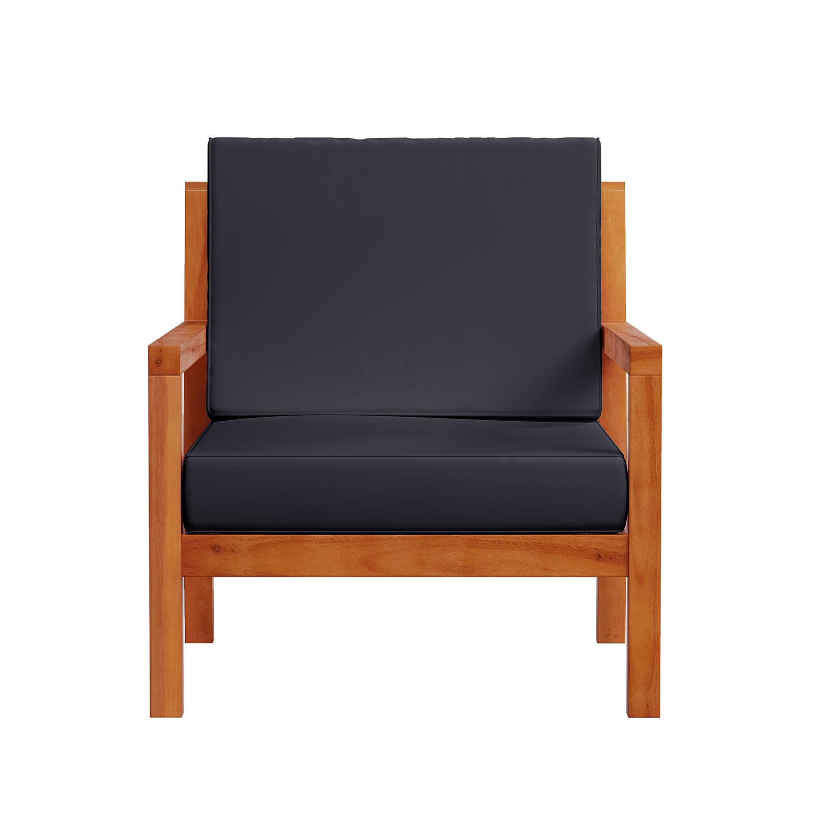 Haiti 7 Seater Outdoor Timber Corner Sofa Set Black, featuring a sleek black design with wooden legs, perfect for outdoor lounging.