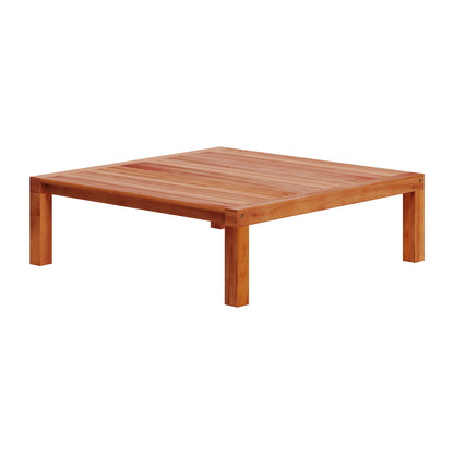 Haiti 7 Seater Outdoor Timber Corner Sofa Set featuring a robust wooden coffee table with sleek legs, emphasizing the set's natural aesthetic and durable construction for versatile indoor or outdoor use.