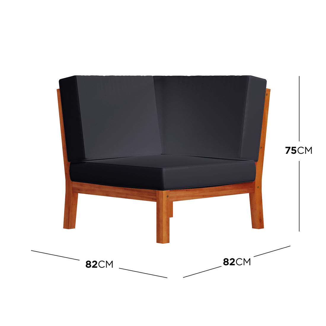Haiti 7 Seater Outdoor Timber Corner Sofa Set Black, featuring a sleek design with robust wooden legs and plush upholstery, ideal for outdoor relaxation.