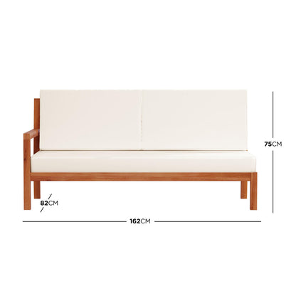 Haiti 7 Seater Outdoor Timber Corner Sofa Set Cream featuring a white couch with wood legs, showcasing robust construction suitable for indoor or outdoor use, complemented by comfortable upholstery and minimalist design.
