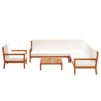 Haiti 7 Seater Outdoor Timber Corner Sofa Set Cream featuring a white rectangular corner piece, a white couch with wooden armrests, and a matching chair, highlighting its stylish, minimalist design.
