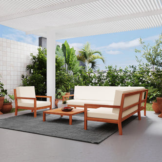 Haiti 7 Seater Outdoor Timber Corner Sofa Set Cream shown with its robust wooden frame and ample seating, emphasizing its durability and suitability for cozy outdoor lounging.