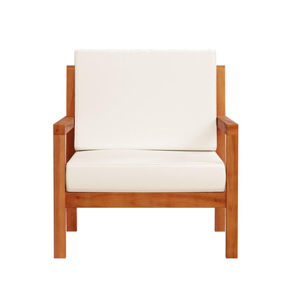 Close-up of Haiti 7 Seater Outdoor Timber Corner Sofa Set Cream, featuring white upholstery, wooden legs, and a minimalist design, ideal for enhancing patios with a natural, stylish look.