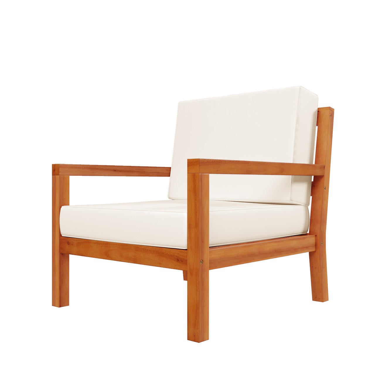 Haiti 7 Seater Outdoor Timber Corner Sofa Set Cream featuring a white chair with wooden armrests, showcasing a close-up of its design, highlighting its natural aesthetic and robust construction.