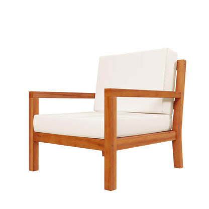 Haiti 7 Seater Outdoor Timber Corner Sofa Set Cream featuring a white chair with wooden armrests, showcasing a close-up of its design, highlighting its natural aesthetic and robust construction.