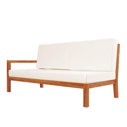 Haiti 7 Seater Outdoor Timber Corner Sofa Set Cream, featuring a white couch with wooden legs, highlighting its robust construction and comfortable design for stylish outdoor seating.