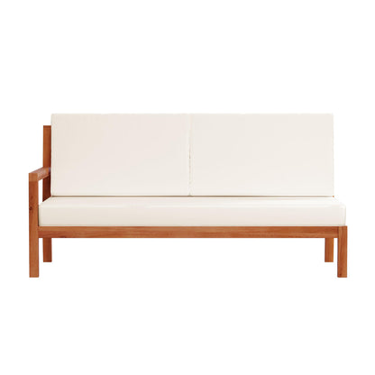 Haiti 7 Seater Outdoor Timber Corner Sofa Set Cream features a sturdy wooden frame with plush cushions, showcasing a stylish, minimalist design perfect for outdoor relaxation.