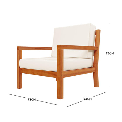 Close-up of the Haiti 7 Seater Outdoor Timber Corner Sofa Set, highlighting the cream upholstery and robust wooden leg, showcasing its elegant design and craftsmanship ideal for both indoor and outdoor settings.