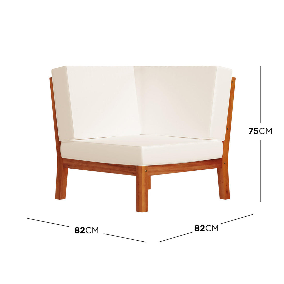Haiti 7 Seater Outdoor Timber Corner Sofa Set featuring a white chair with wooden legs, highlighted by close-up measurements, showcasing its robust, stylish design perfect for outdoor settings.