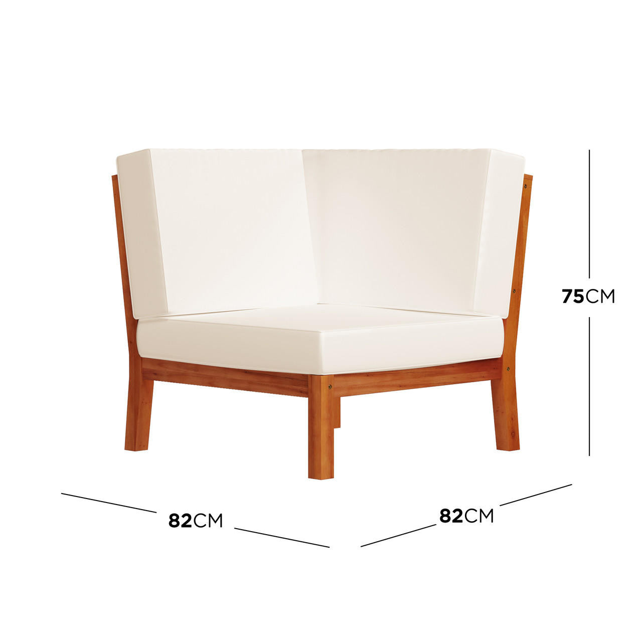 Haiti 7 Seater Outdoor Timber Corner Sofa Set featuring a white chair with wooden legs, highlighted by close-up measurements, showcasing its robust, stylish design perfect for outdoor settings.