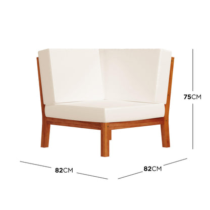 Haiti 7 Seater Outdoor Timber Corner Sofa Set featuring a white chair with wooden legs, highlighted by close-up measurements, showcasing its robust, stylish design perfect for outdoor settings.