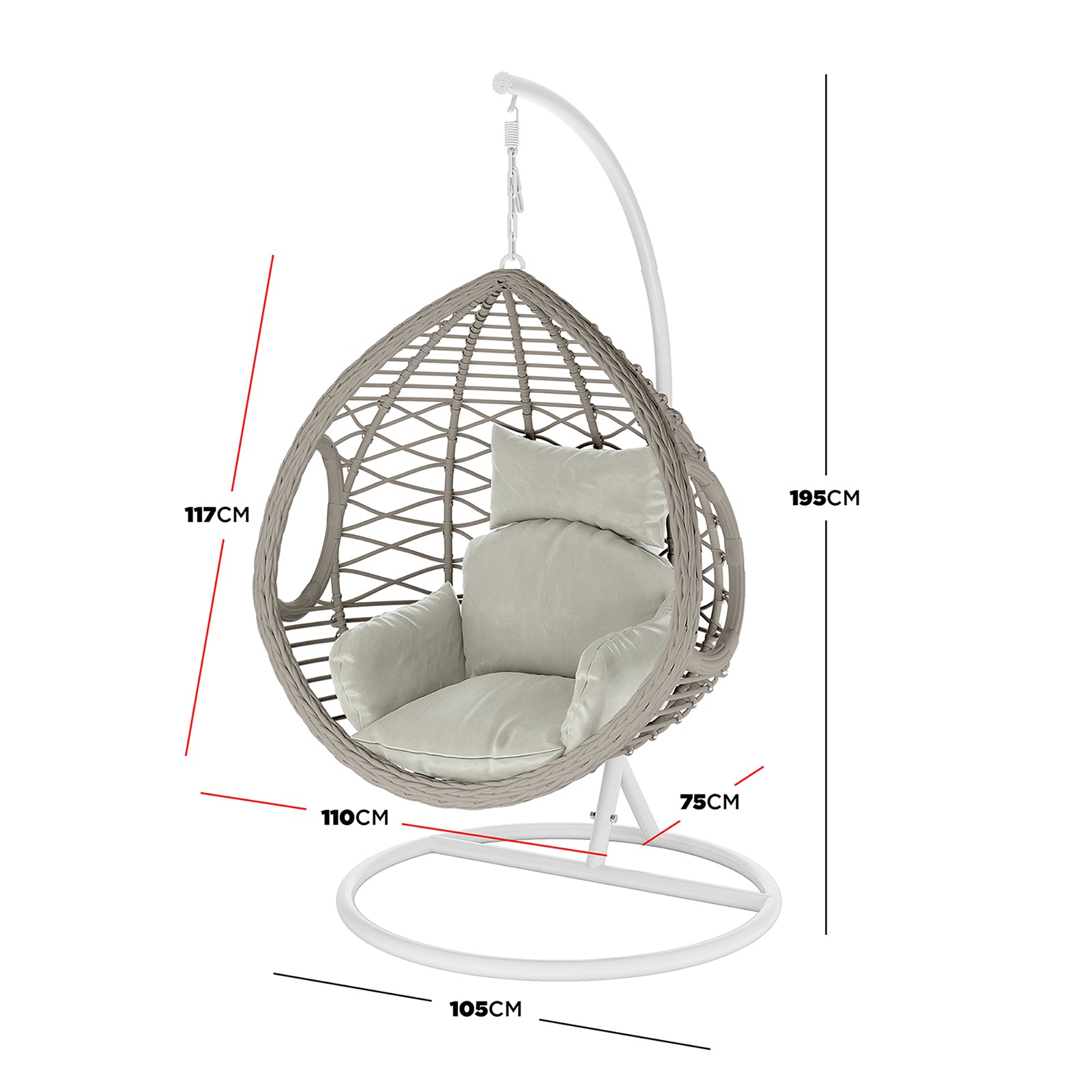 Hilda Large Outdoor Hanging Egg Chair & Cushion in Sage, featuring a woven teardrop design, suspended by a metal stand with a circular base, complemented by padded seat, back, and armrest cushions.