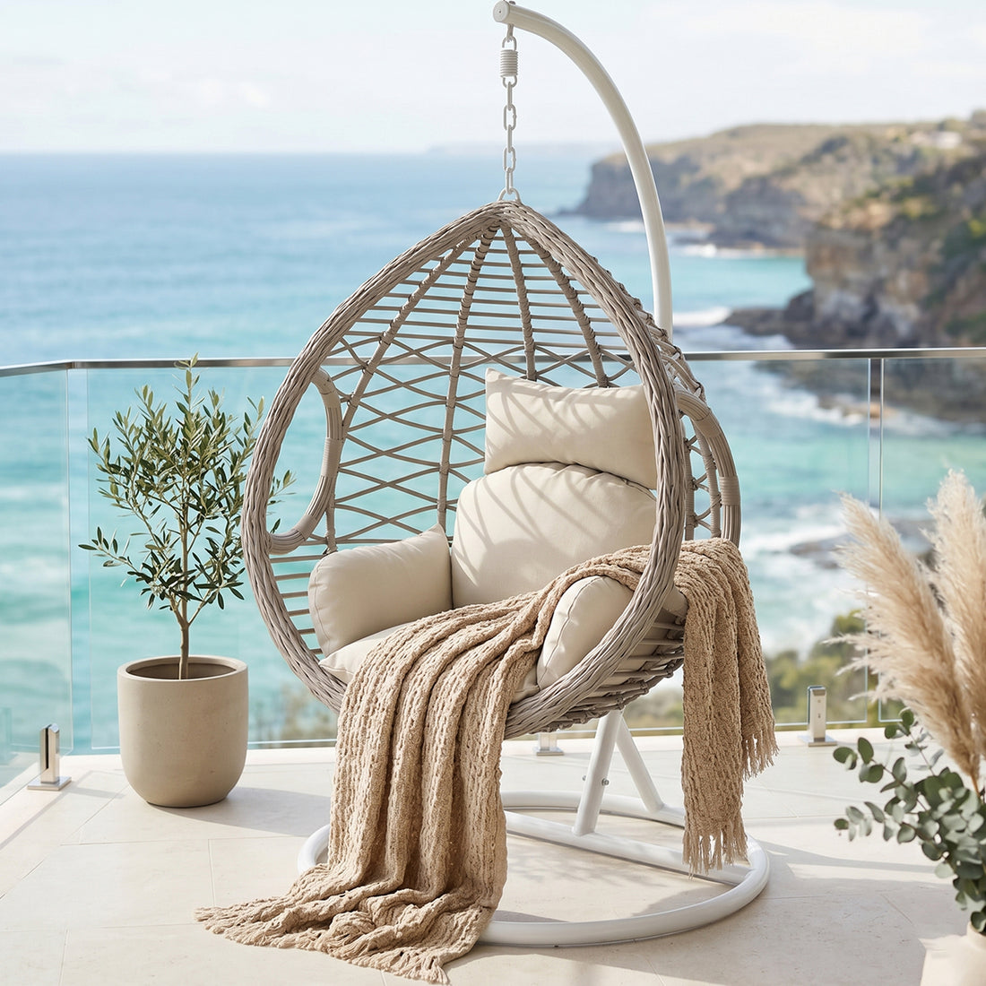 Hilda Large Outdoor Hanging Egg Chair with Cushion in Sage