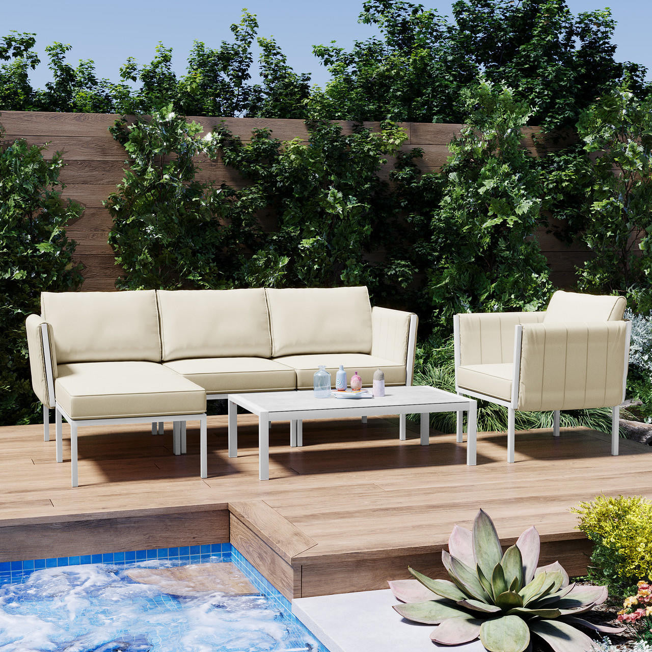 Hulupo 4 Seater Aluminium Outdoor Sofa Set - Cream White - Lifestyle