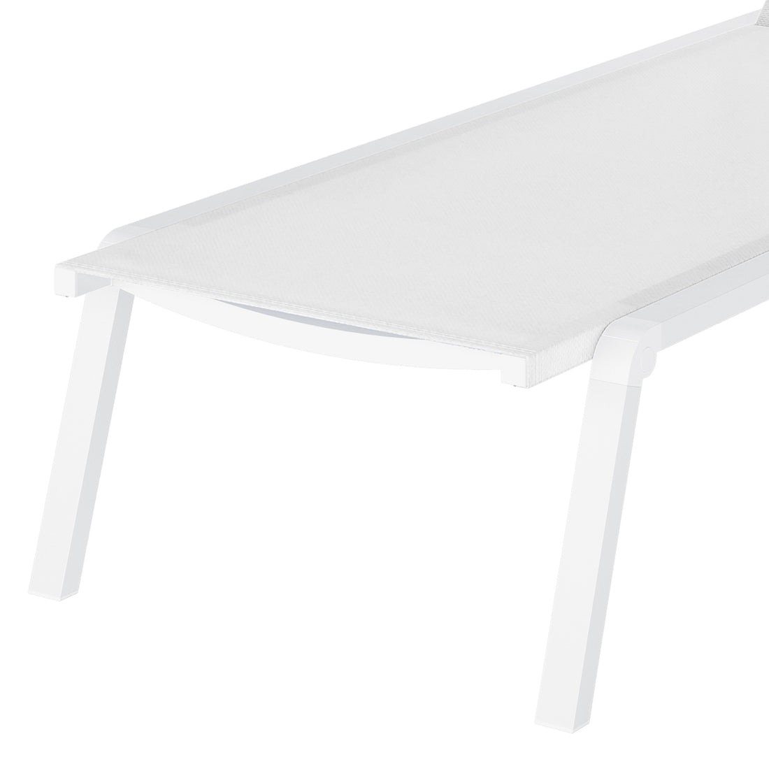 Jabari Textilene Aluminium Outdoor Sunbed in Cream White, featuring a lightweight, foldable design with a slightly curved mesh top and sturdy angled legs for easy outdoor relaxation.