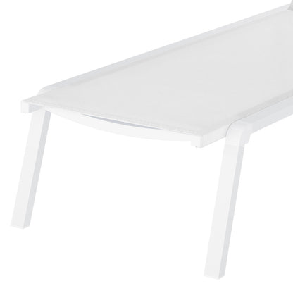 Jabari Textilene Aluminium Outdoor Sunbed in Cream White, featuring a lightweight, foldable design with a slightly curved mesh top and sturdy angled legs for easy outdoor relaxation.