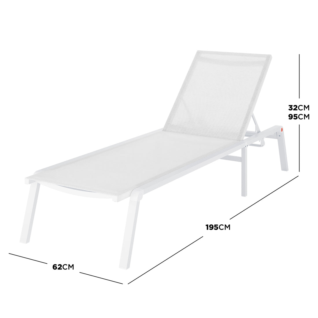 Jabari Textilene Aluminium Outdoor Sunbed in Cream White with mesh top, adjustable backrest, and sturdy aluminium frame, designed for outdoor relaxation and durability, measuring 195 cm long and 62 cm wide.