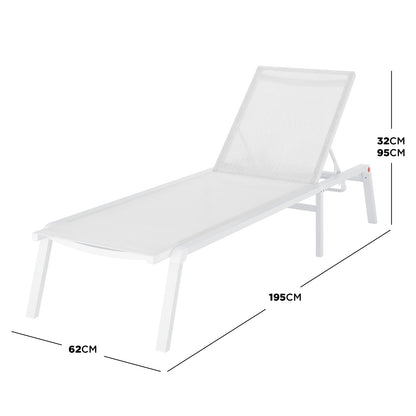 Jabari Textilene Aluminium Outdoor Sunbed in Cream White with mesh top, adjustable backrest, and sturdy aluminium frame, designed for outdoor relaxation and durability, measuring 195 cm long and 62 cm wide.