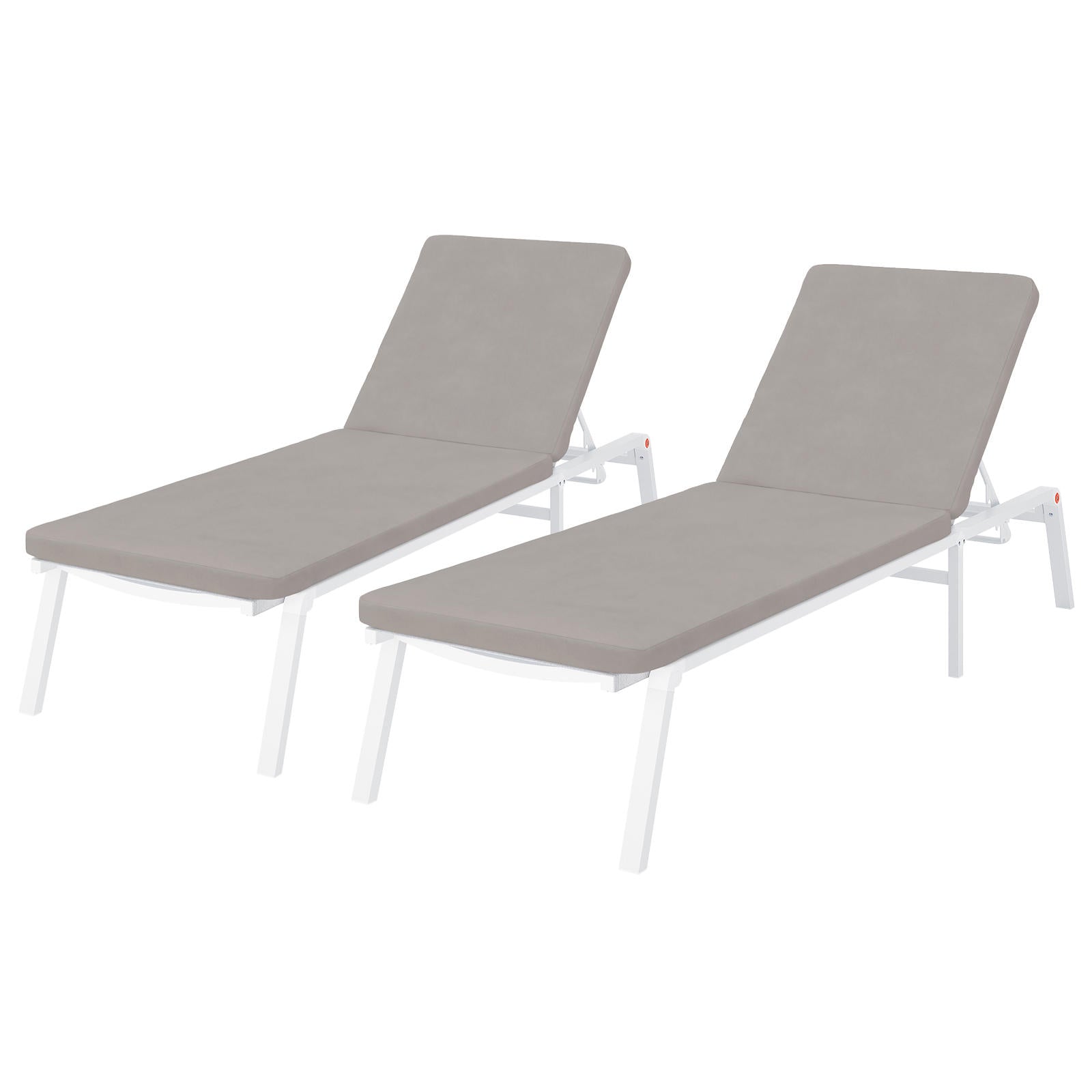Jabari Outdoor Sun Loungers with Cushions Set of 2 in Warm Grey, featuring adjustable backrests on white metal frames, designed for comfort and durability in outdoor settings.