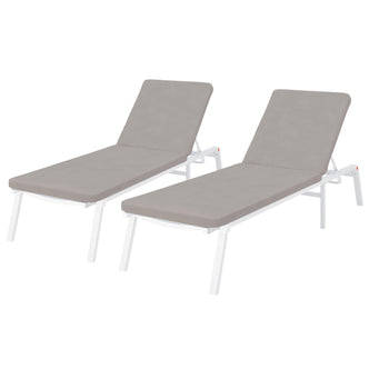 Jabari Outdoor Sun Loungers with Cushions Set of 2 in Warm Grey, featuring adjustable backrests on white metal frames, designed for comfort and durability in outdoor settings.