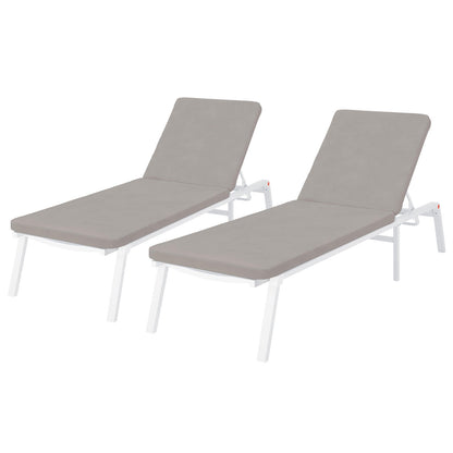 Jabari Outdoor Sun Loungers with Cushions Set of 2 in Warm Grey, featuring adjustable backrests on white metal frames, designed for comfort and durability in outdoor settings.