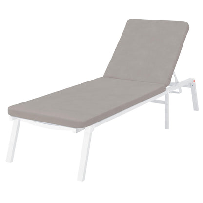 Jabari Outdoor Sun Loungers with Cushions Set of 2 in Warm Grey, featuring an adjustable backrest, white metal frame, and light gray cushions, perfect for enhancing outdoor relaxation and style.