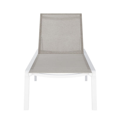 Jabari Outdoor Sun Loungers with Cushions Set of 2, featuring a white metal frame and beige-gray mesh sling seat with adjustable backrest, designed for outdoor relaxation and durability.