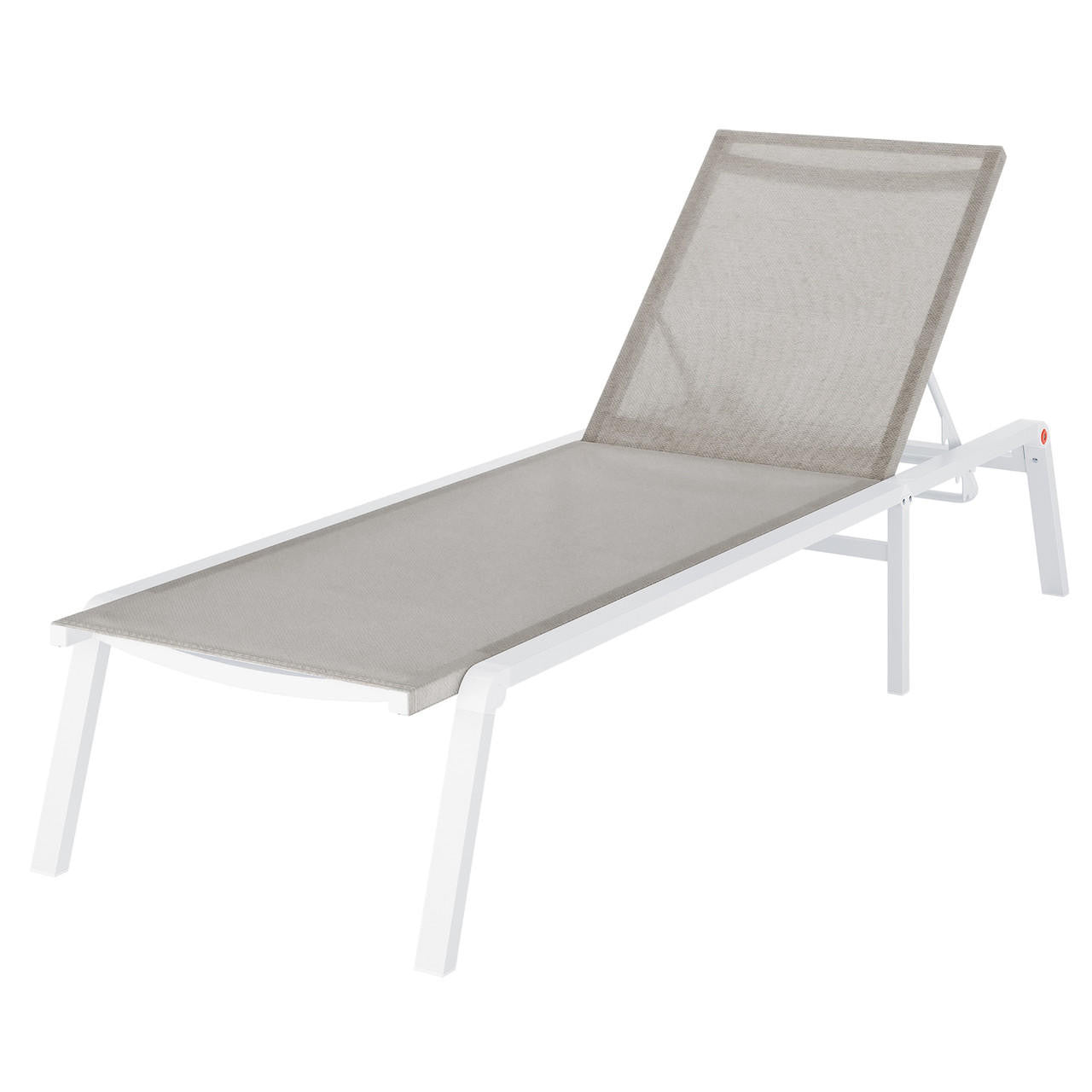 Jabari Outdoor Sun Loungers with Cushions Set of 2 in Warm Grey features a sleek white metal frame and beige mesh fabric, showcasing a modern design with adjustable backrests for outdoor relaxation.