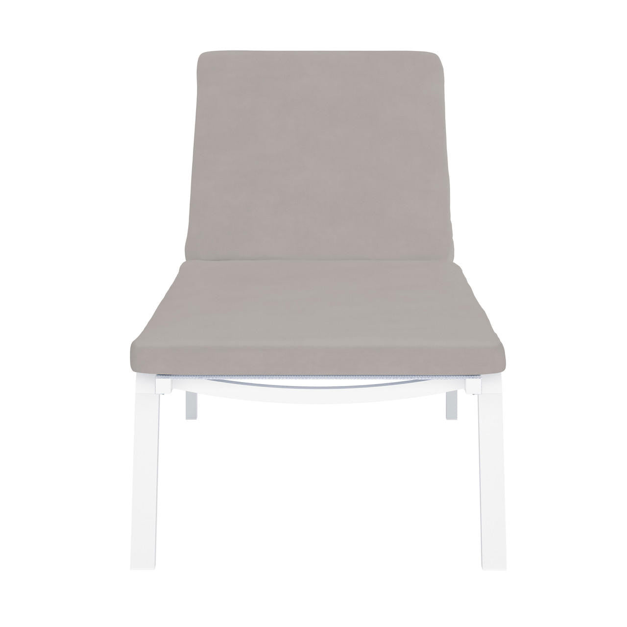 Jabari Outdoor Sun Loungers with Cushions Set of 2 in Warm Grey features a sleek white metal frame and plush light grey cushions, perfect for stylish, comfortable outdoor relaxation.