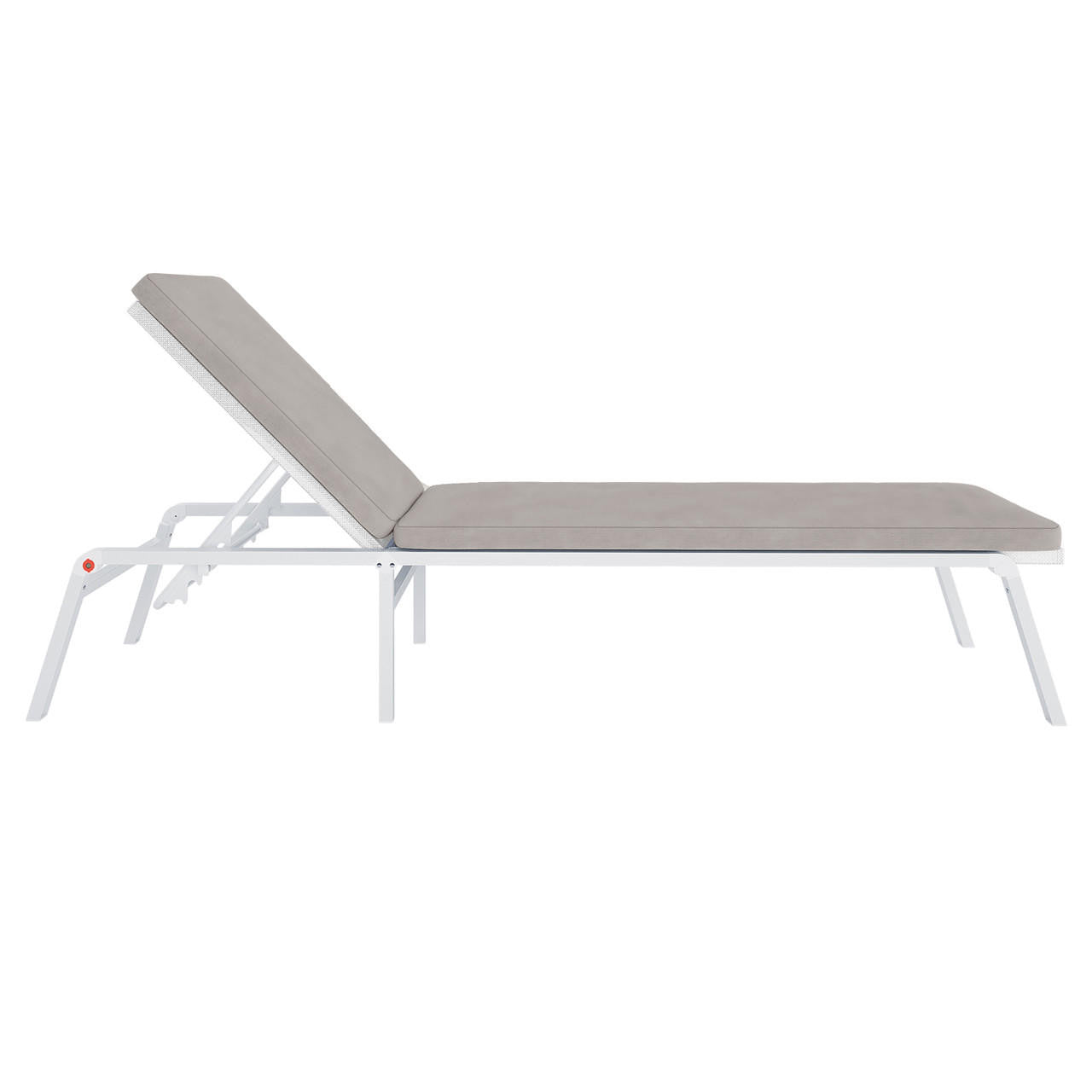 Jabari Outdoor Sun Loungers with Cushions Set of 2 in Warm Grey, featuring a white metal frame with grey/beige padded cushions and adjustable backrests, perfect for stylish outdoor relaxation.