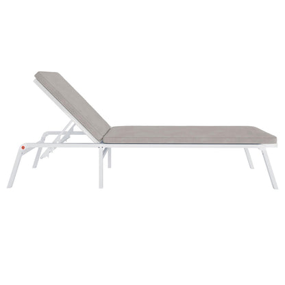 Jabari Outdoor Sun Loungers with Cushions Set of 2 in Warm Grey, featuring a white metal frame with grey/beige padded cushions and adjustable backrests, perfect for stylish outdoor relaxation.