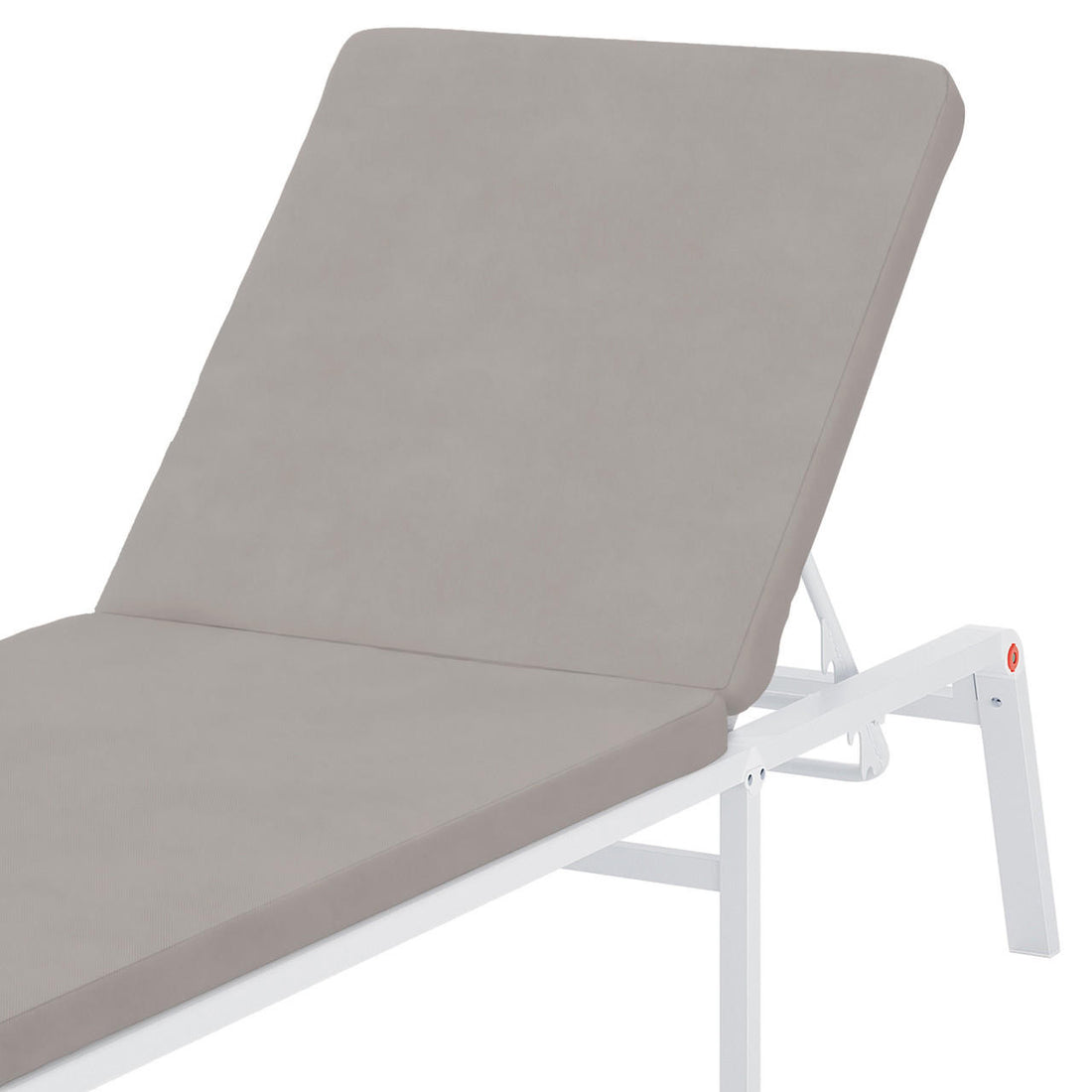 Jabari Outdoor Sun Loungers with Cushions Set of 2 in Warm Grey, featuring adjustable positions and a light-taupe upholstered cushion on a white metal frame in a reclining position.