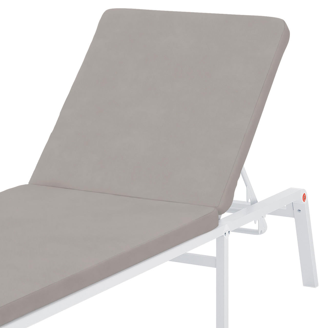 Jabari Outdoor Sun Loungers with Cushions Set of 2 in Warm Grey, featuring adjustable positions and a light-taupe upholstered cushion on a white metal frame in a reclining position.