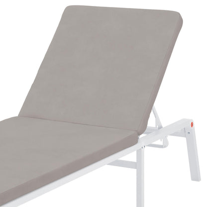 Jabari Outdoor Sun Loungers with Cushions Set of 2 in Warm Grey, featuring adjustable positions and a light-taupe upholstered cushion on a white metal frame in a reclining position.
