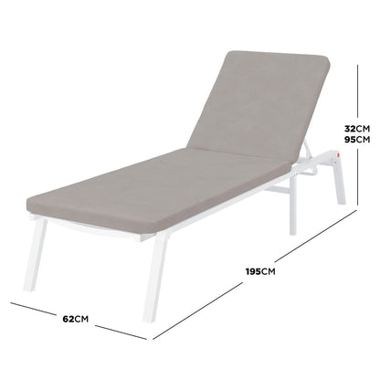 Jabari Outdoor Sun Loungers with Cushions Set of 2 in Warm Grey, featuring a sleek white frame and adjustable backrest, ideal for stylish outdoor relaxation and comfort.