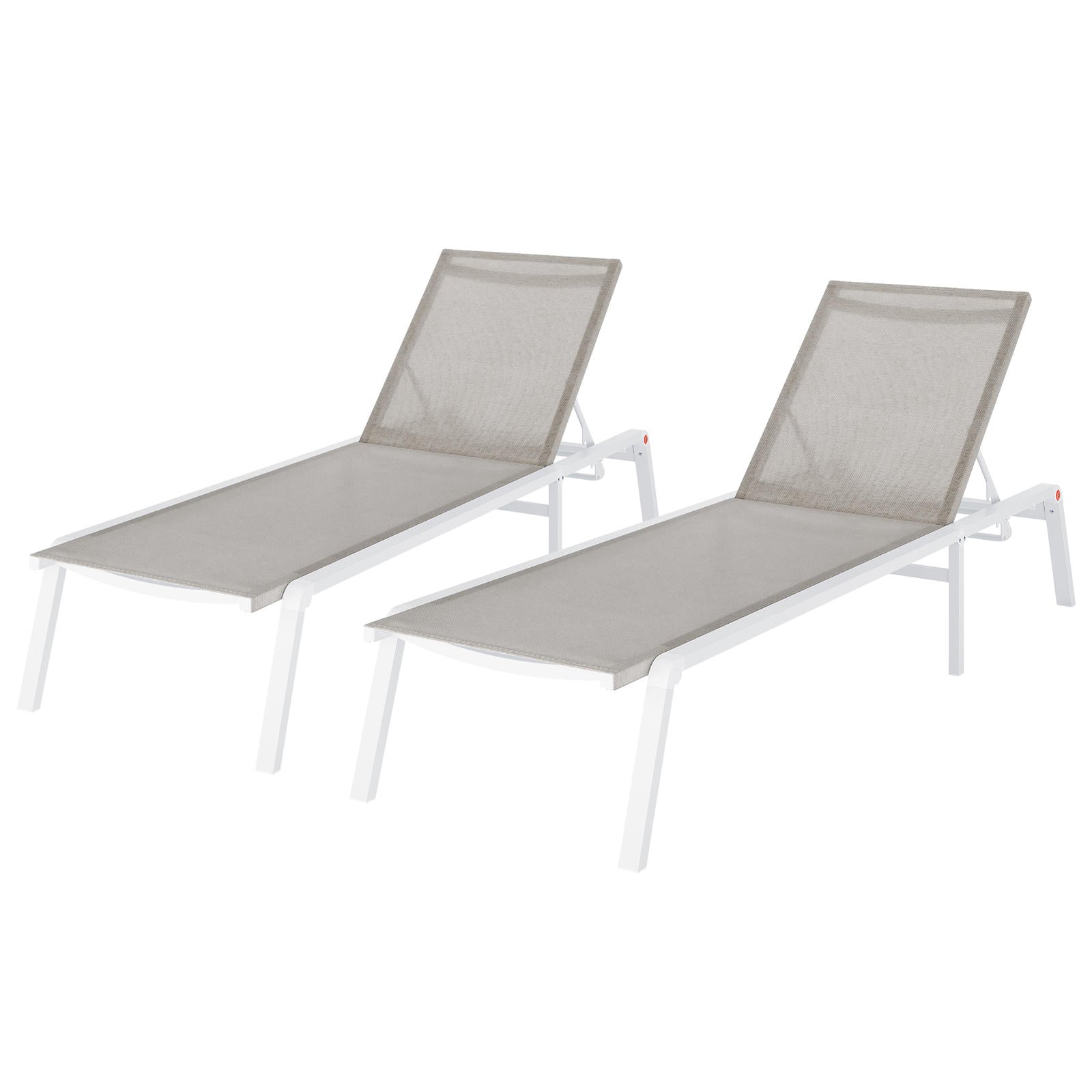 Jabari Outdoor Sun Loungers with Cushions Set of 2 in Light Grey, featuring adjustable white metal frames and mesh sling seats, perfect for poolside or patio relaxation with customizable reclining positions.