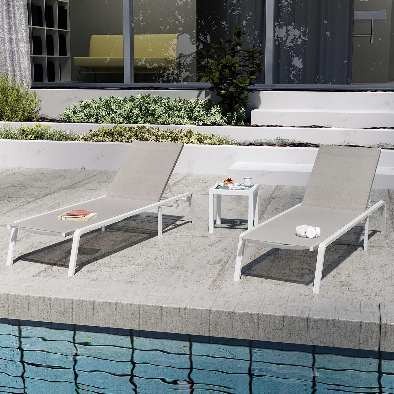 Jabari Outdoor Sun Loungers with Cushions Set of 2 in Light Grey, featuring adjustable backrests, powder-coated aluminium frames, and Textilene fabric, set poolside with a side table and headphones.