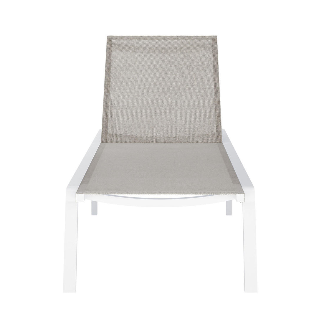 Jabari Outdoor Sun Loungers with Cushions Set of 2 in Light Grey, featuring adjustable reclining positions and a sleek white metal frame with beige mesh fabric, perfect for stylish outdoor relaxation.