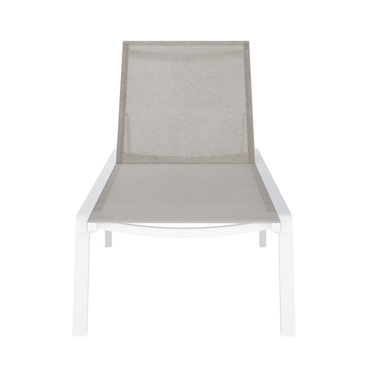 Jabari Outdoor Sun Loungers with Cushions Set of 2 in Light Grey, featuring adjustable reclining positions and a sleek white metal frame with beige mesh fabric, perfect for stylish outdoor relaxation.