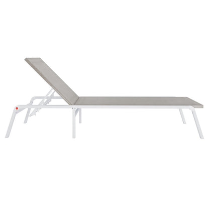 Jabari Outdoor Sun Loungers with Cushions Set of 2 in Light Grey, featuring adjustable backrests, sturdy white metal frames, and light-beige sling fabric seats, perfect for customizable outdoor relaxation.